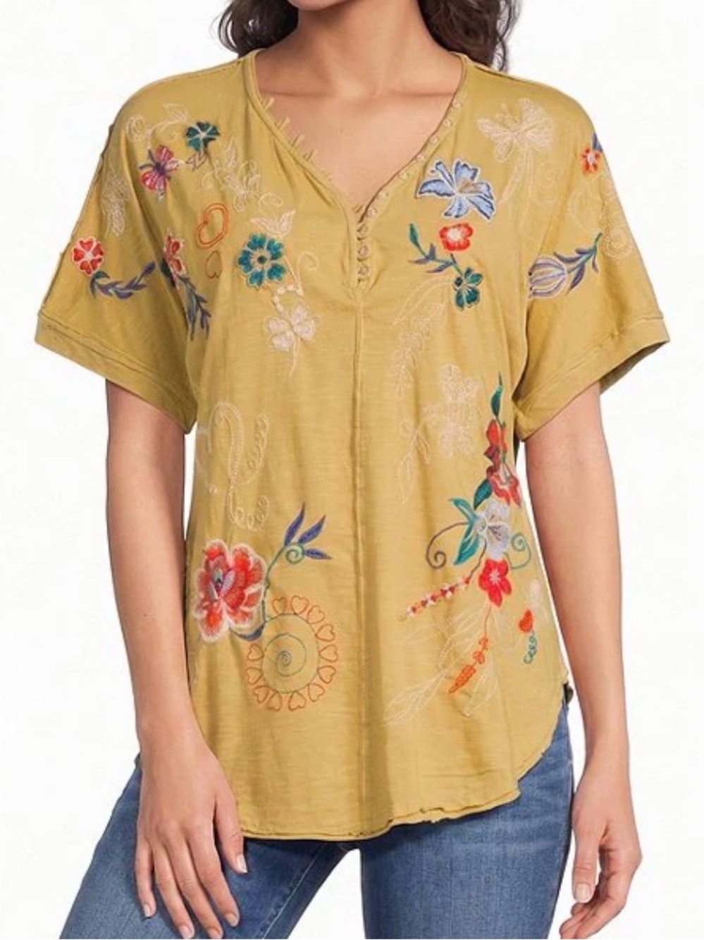 Karyn Seo Tessa Knit Floral Embroidered V-Neck Short Dolman Sleeve Top Medium